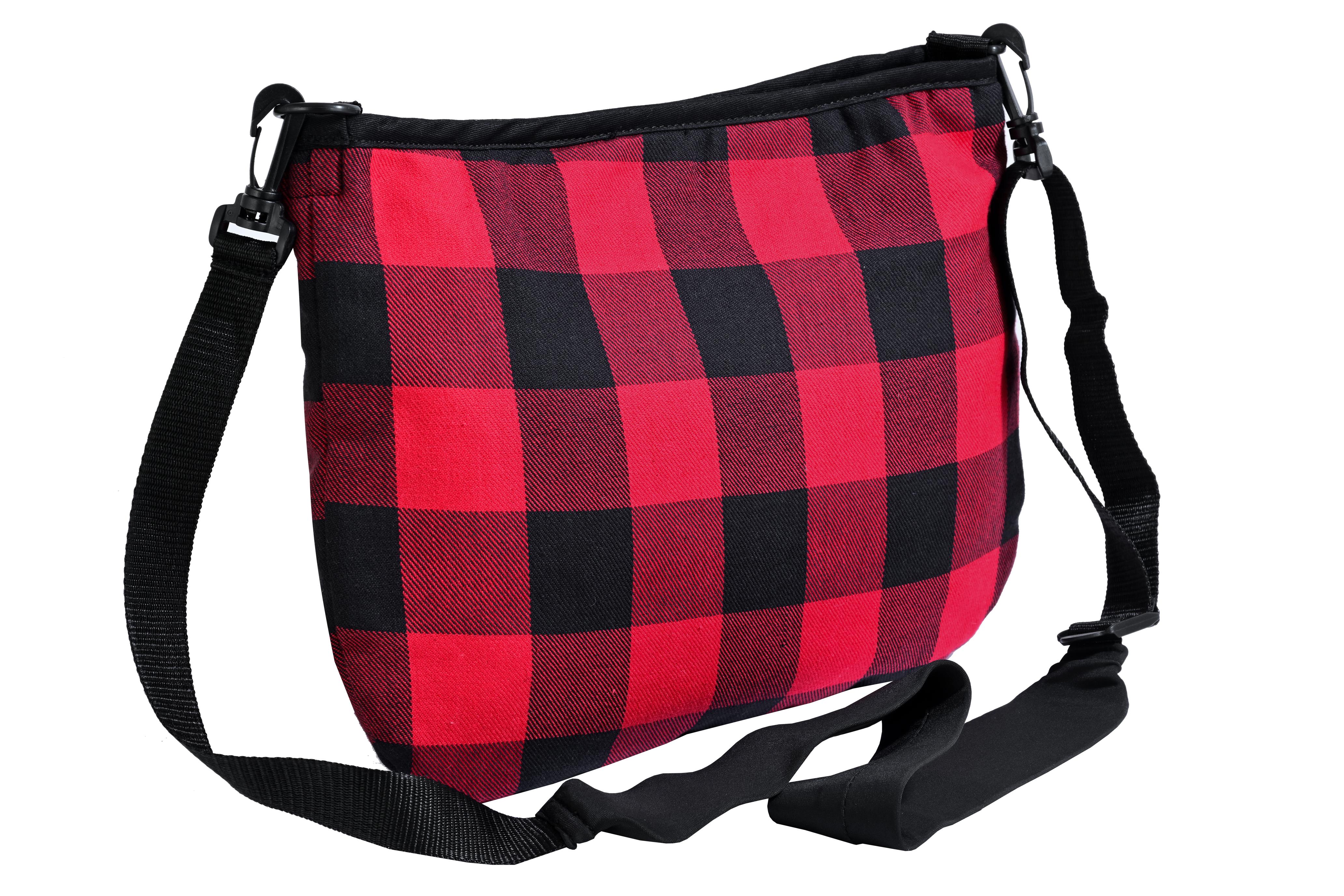 Stylish LVAD red and black flannel bag with cotton shell, secure pockets, adjustable strap, and durable lightweight design.